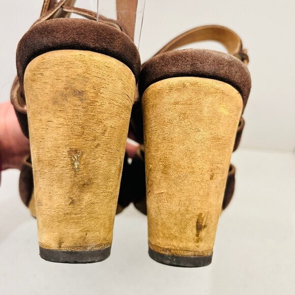 Moma Brown Suede Leather Wedges Sandals Heels TStrap Ankle Made in Italy Sz 38 - Picture 15 of 16